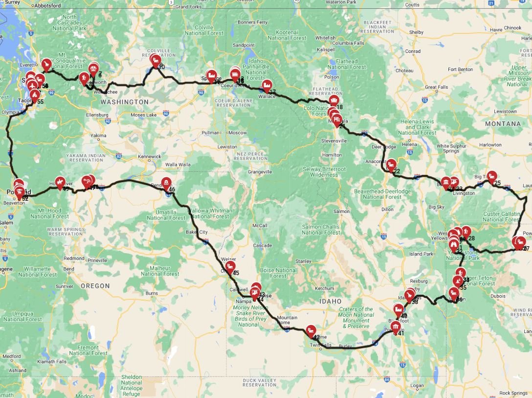 Map for Seattle Roundtrip - East - Including Yellowstone